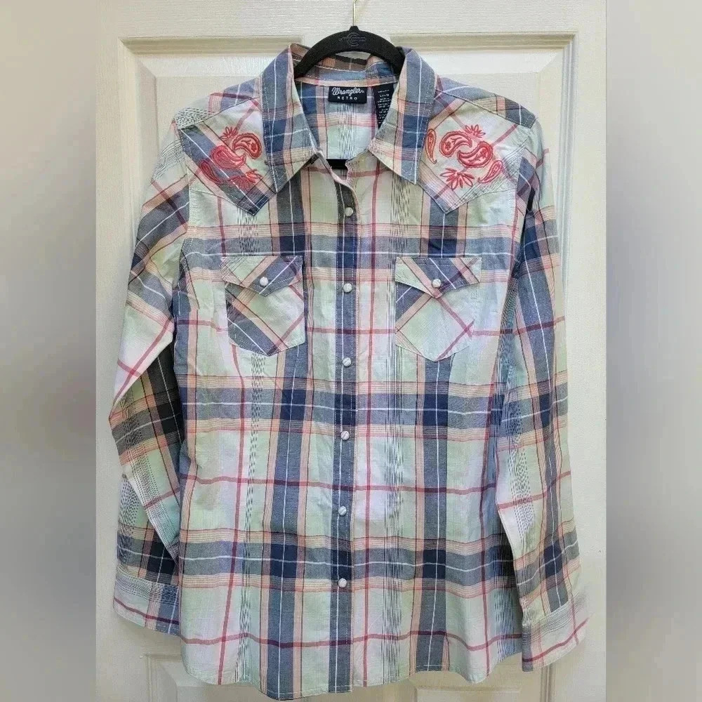 Wrangler Retro Women's Snap Button Long Sleeve Plaid Shirt Size Large